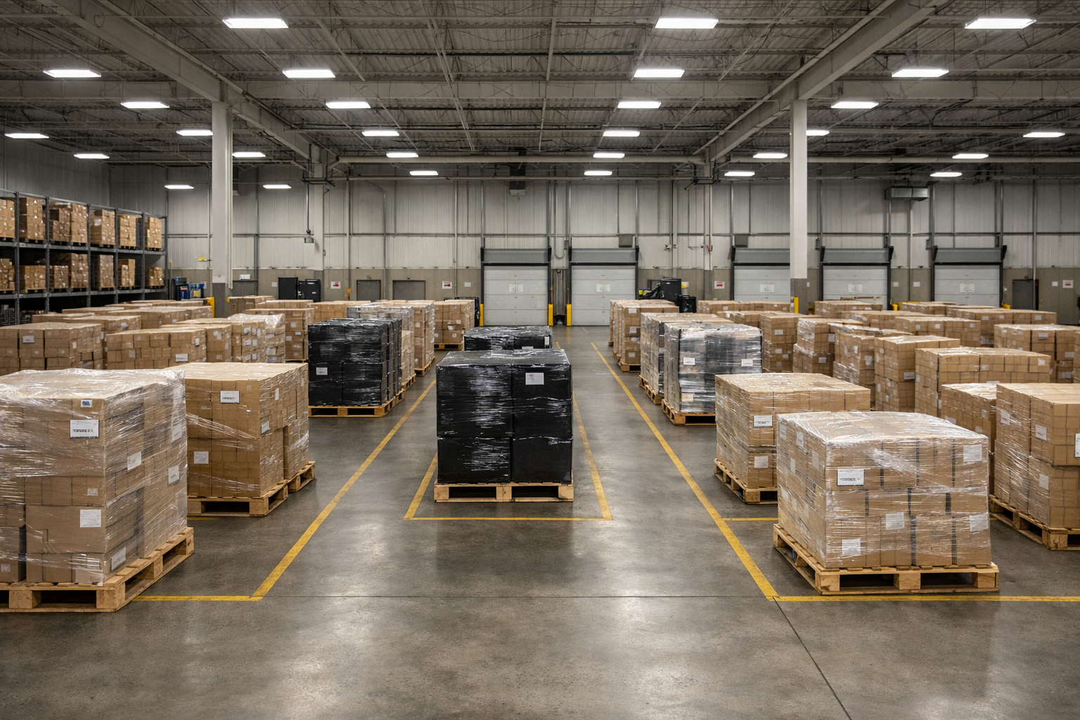 Freight being processed and routed through a logistics facility